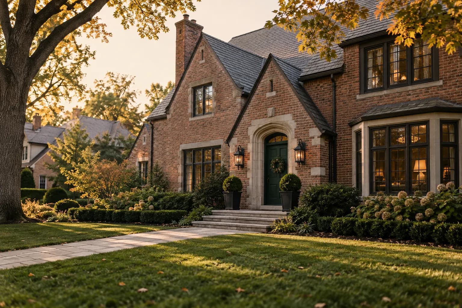 A stately brick home at golden hour with a manicured lawn, autumn trees, and a forest-green front door