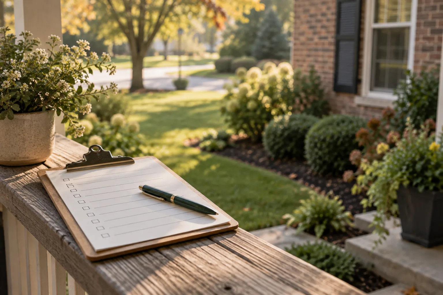 A clipboard with a checklist and a pen resting on a porch railing above a landscaped front yard