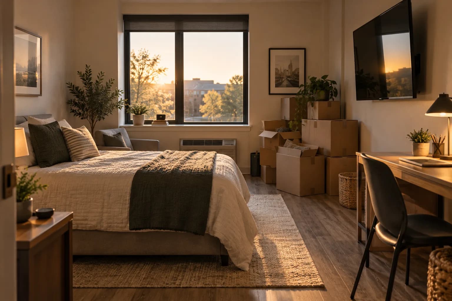 A tidy studio apartment with a made bed, a desk lamp, and partially unpacked boxes