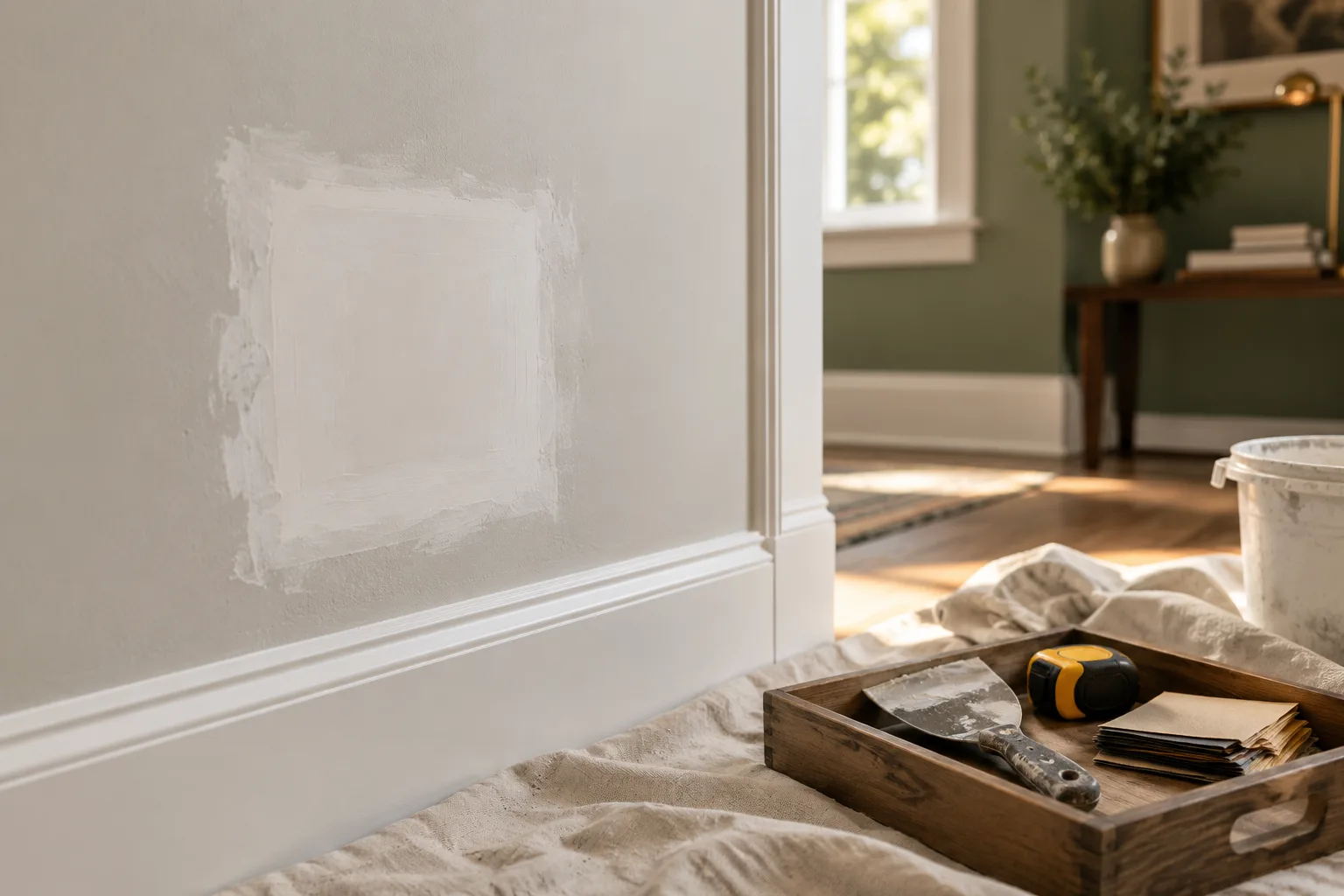 A freshly patched drywall repair on a white wall, with a wooden tray of putty knife, tape measure, and sandpaper on a drop cloth