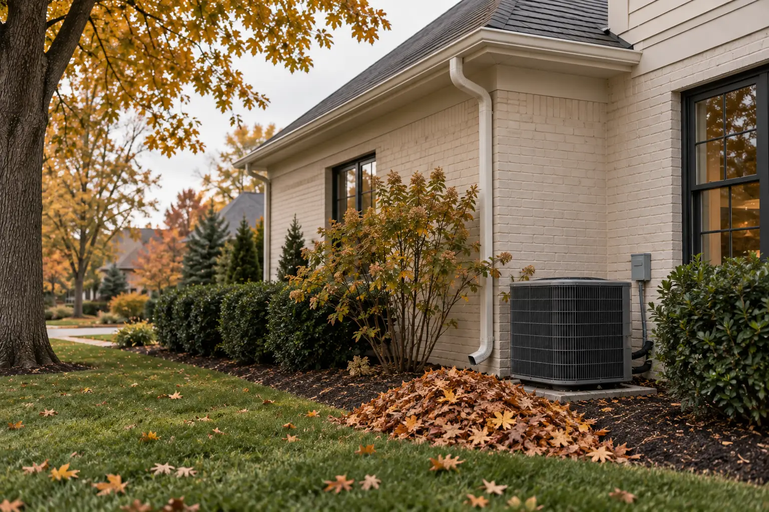 A suburban home in early autumn with a white downspout, an outdoor AC unit, and a neat pile of raked leaves in the flower bed